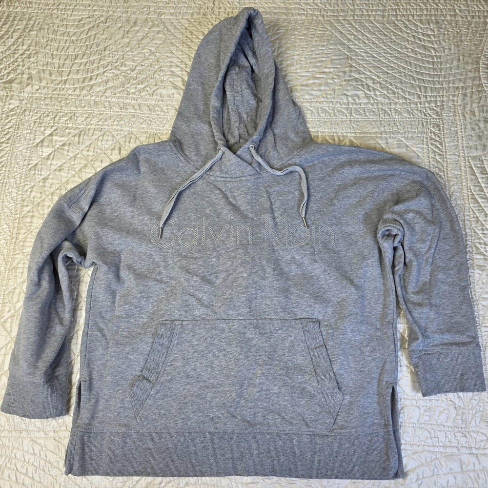 Calvin Klein Performance Gray Cropped Hoodie Sweatshirt Size L Big Logo CK Retro